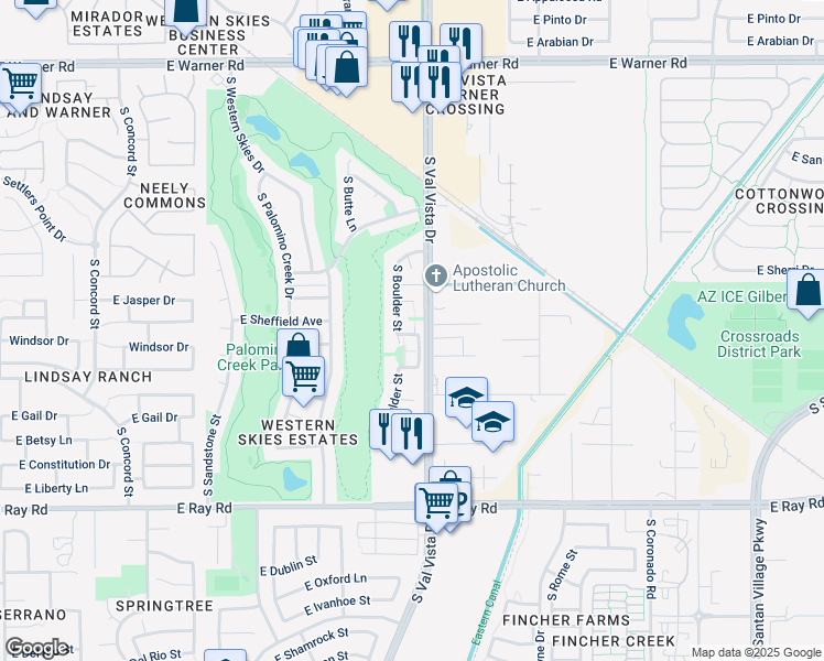 map of restaurants, bars, coffee shops, grocery stores, and more near 1576 East Windsor Drive in Gilbert