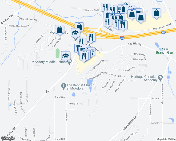 map of restaurants, bars, coffee shops, grocery stores, and more near 4849 Longmeadow Drive in Bessemer