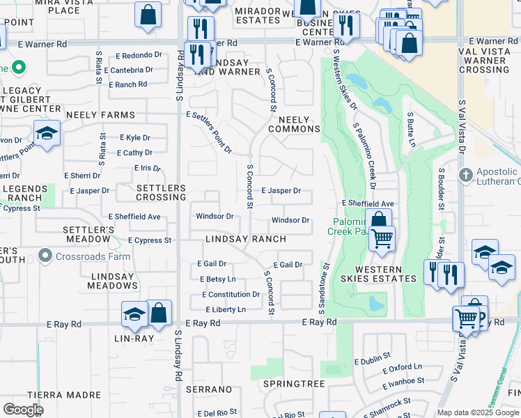 map of restaurants, bars, coffee shops, grocery stores, and more near 1031 East Sheffield Avenue in Gilbert