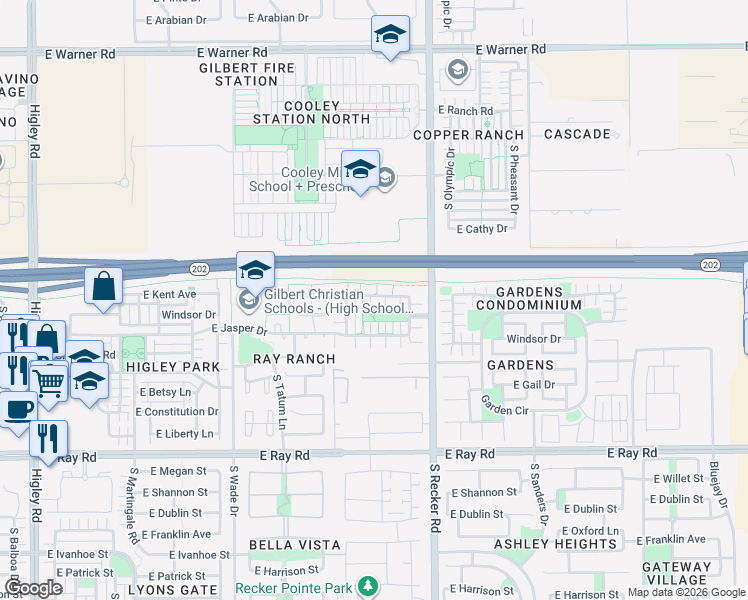map of restaurants, bars, coffee shops, grocery stores, and more near 3887 East Kent Avenue in Gilbert