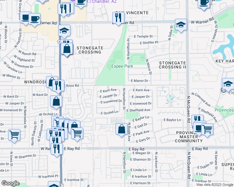 map of restaurants, bars, coffee shops, grocery stores, and more near 532 East Jasper Drive in Chandler