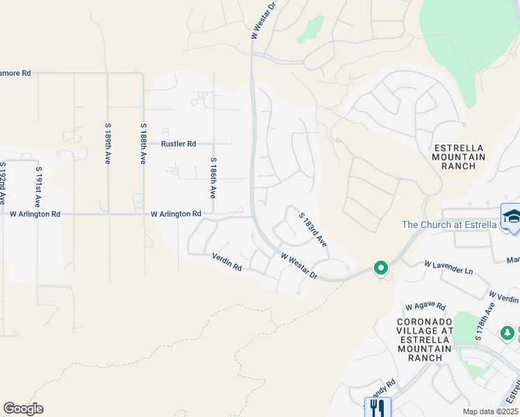map of restaurants, bars, coffee shops, grocery stores, and more near 18439 West Wind Song Avenue in Goodyear