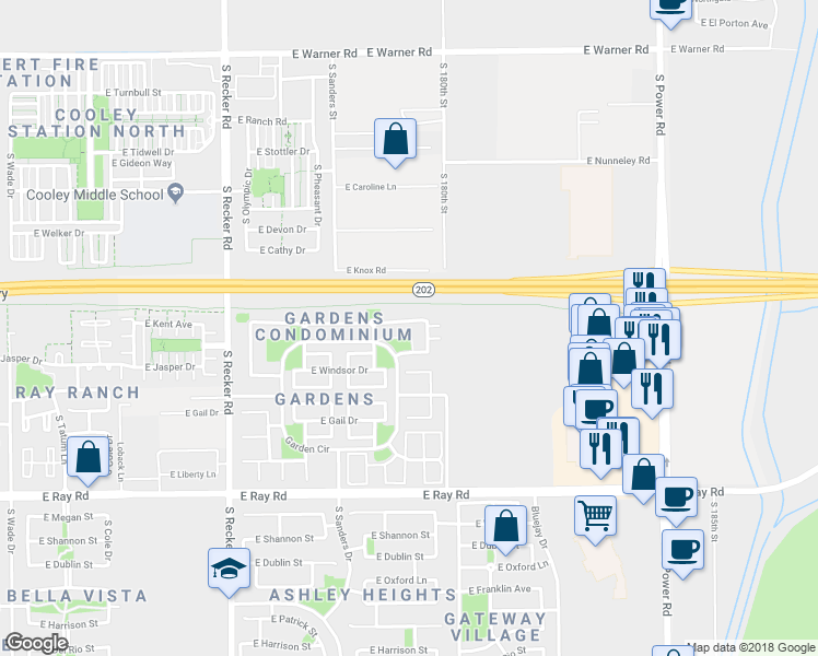 map of restaurants, bars, coffee shops, grocery stores, and more near 4325 East Jasper Drive in Gilbert
