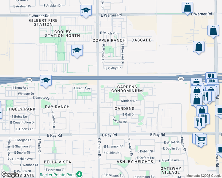 map of restaurants, bars, coffee shops, grocery stores, and more near 4093 East Jasper Drive in Gilbert