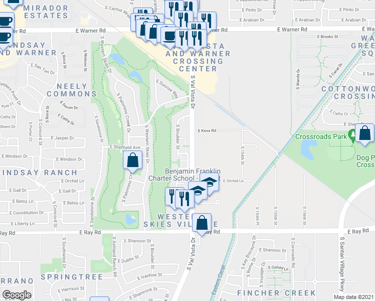 map of restaurants, bars, coffee shops, grocery stores, and more near 1576 East Windsor Drive in Gilbert