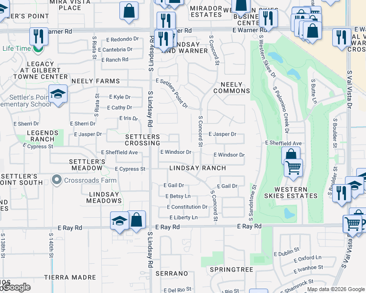 map of restaurants, bars, coffee shops, grocery stores, and more near 1294 South Concord Street in Gilbert