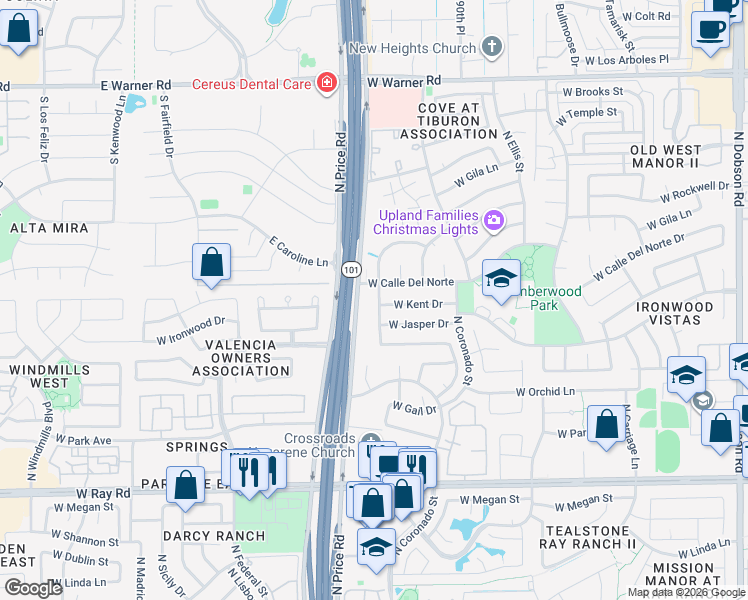 map of restaurants, bars, coffee shops, grocery stores, and more near 1370 North Desoto Street in Chandler