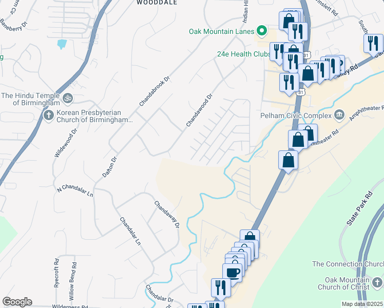 map of restaurants, bars, coffee shops, grocery stores, and more near 174 Green Park South in Pelham