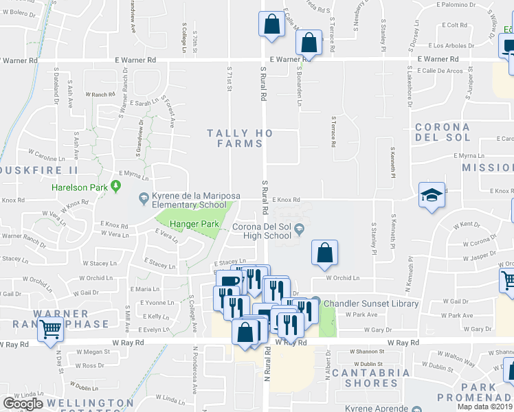 map of restaurants, bars, coffee shops, grocery stores, and more near 9411 South Palm Drive in Tempe