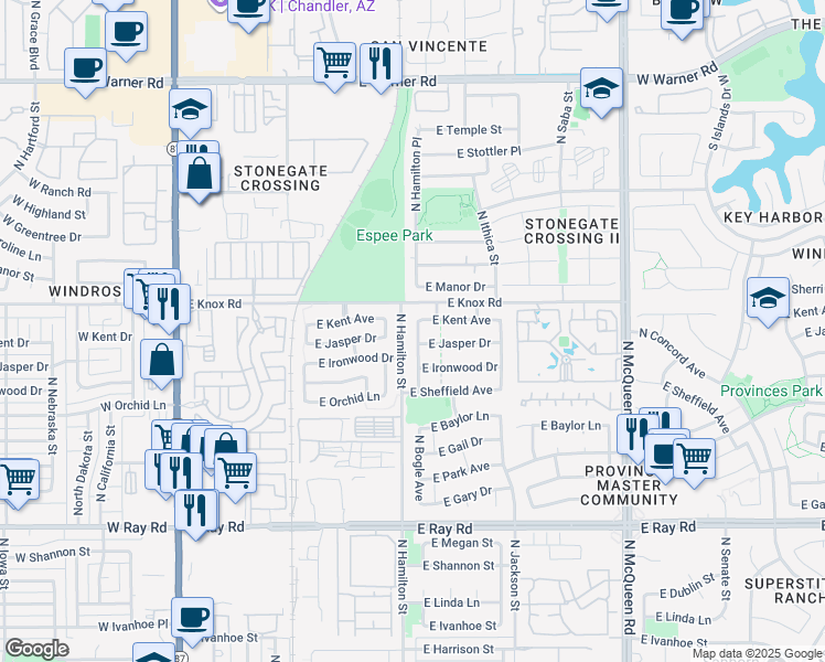 map of restaurants, bars, coffee shops, grocery stores, and more near 1372 North Bogle Avenue in Chandler