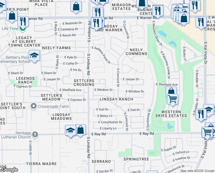 map of restaurants, bars, coffee shops, grocery stores, and more near 1294 South Concord Street in Gilbert