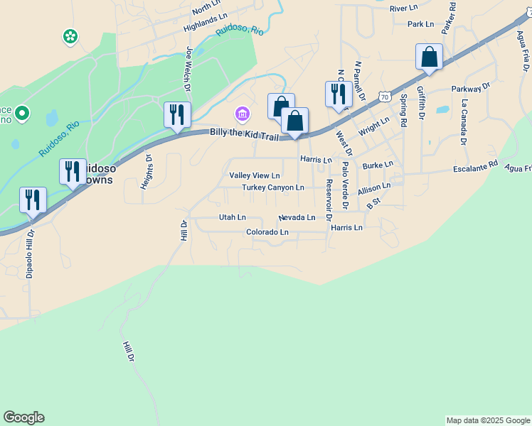 map of restaurants, bars, coffee shops, grocery stores, and more near 320 Nevada Lane in Ruidoso Downs