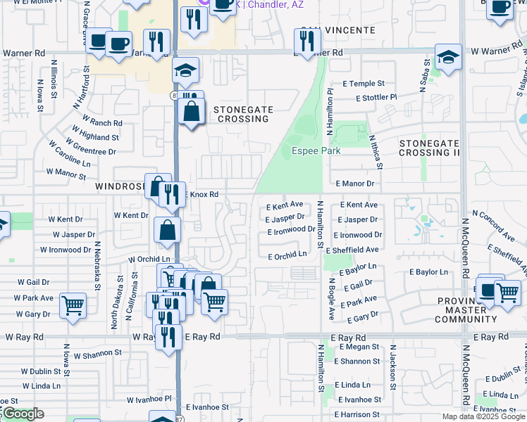 map of restaurants, bars, coffee shops, grocery stores, and more near 361 East Kent Avenue in Chandler