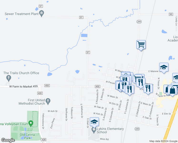 map of restaurants, bars, coffee shops, grocery stores, and more near 735 Mulberry Court in Celina