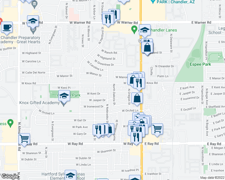 map of restaurants, bars, coffee shops, grocery stores, and more near 1330 North Dakota Street in Chandler