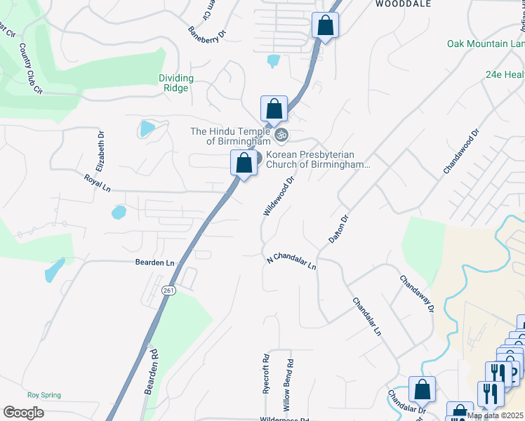 map of restaurants, bars, coffee shops, grocery stores, and more near 3488 Wildewood Drive in Pelham