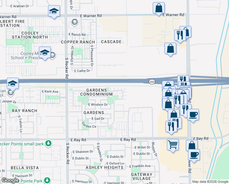 map of restaurants, bars, coffee shops, grocery stores, and more near 4307 East Jasper Drive in Gilbert