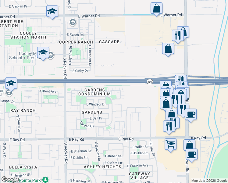 map of restaurants, bars, coffee shops, grocery stores, and more near 4307 East Jasper Drive in Gilbert