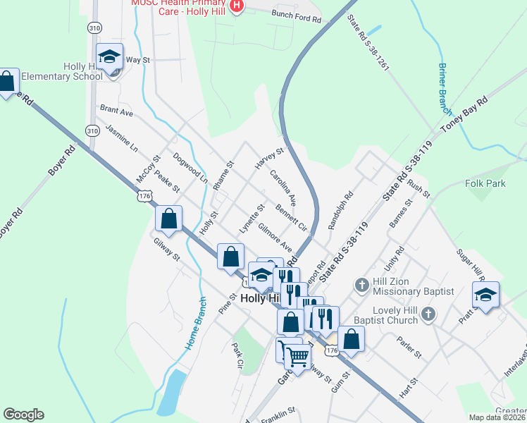 map of restaurants, bars, coffee shops, grocery stores, and more near 1146 Lynette St in Holly Hill