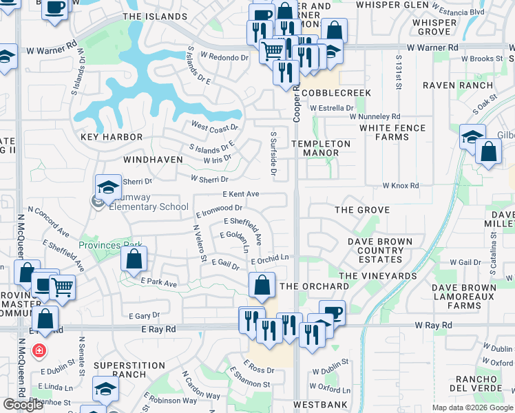 map of restaurants, bars, coffee shops, grocery stores, and more near 1794 East Ironwood Drive in Chandler