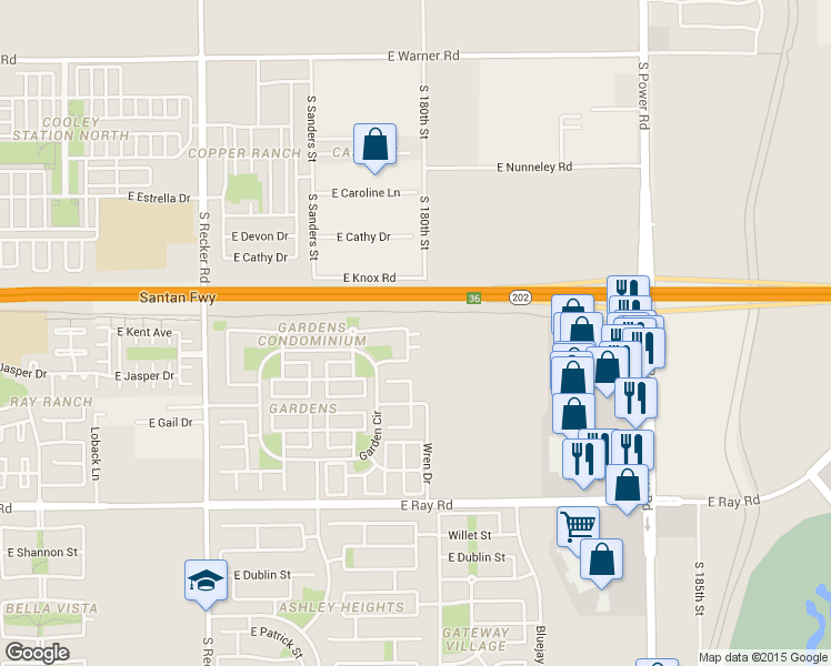 map of restaurants, bars, coffee shops, grocery stores, and more near 1305 South Owl Drive in Gilbert