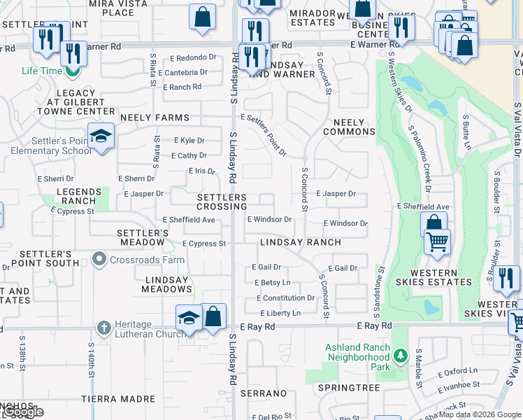 map of restaurants, bars, coffee shops, grocery stores, and more near 897 East Sheffield Avenue in Gilbert