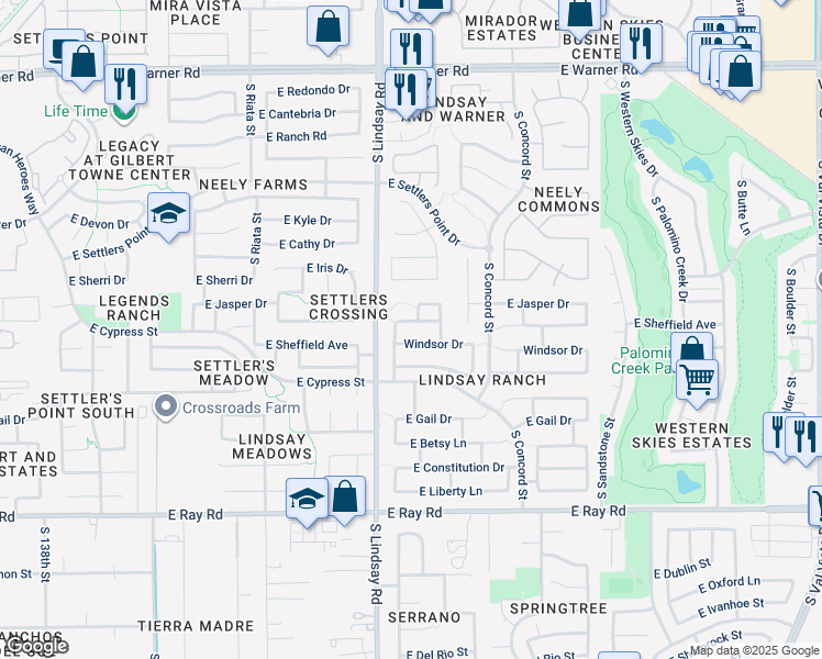 map of restaurants, bars, coffee shops, grocery stores, and more near 897 East Sheffield Avenue in Gilbert