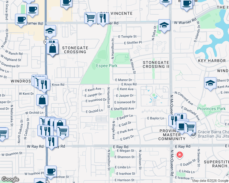 map of restaurants, bars, coffee shops, grocery stores, and more near 1372 North Bogle Avenue in Chandler