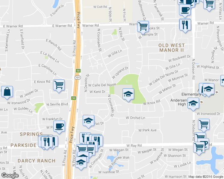 map of restaurants, bars, coffee shops, grocery stores, and more near 2327 West Calle Del Norte in Chandler