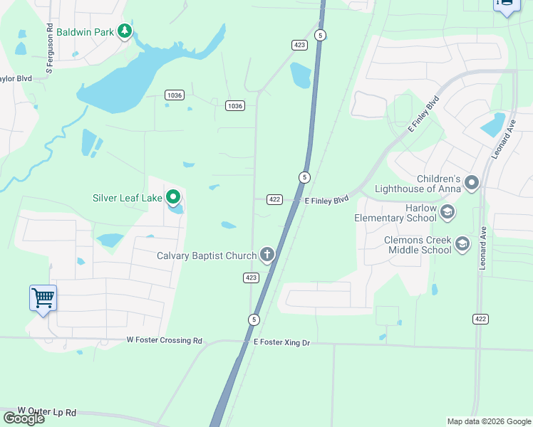 map of restaurants, bars, coffee shops, grocery stores, and more near 9192 County Road 423 in Anna
