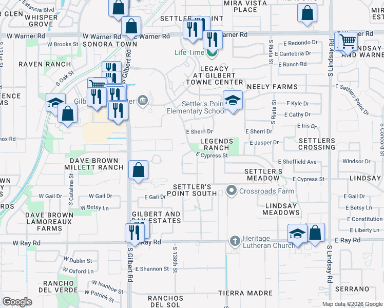 map of restaurants, bars, coffee shops, grocery stores, and more near 1251 South Palm Street in Gilbert