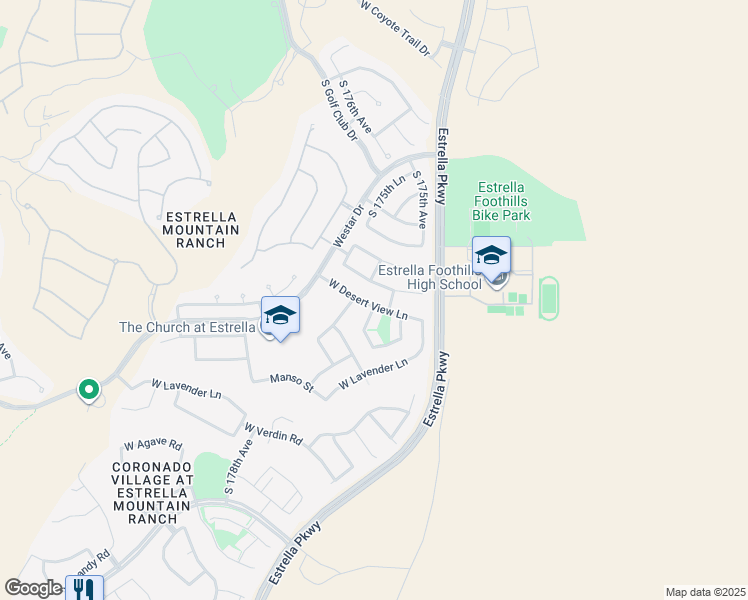 map of restaurants, bars, coffee shops, grocery stores, and more near 17602 W Desert View Ln in Goodyear