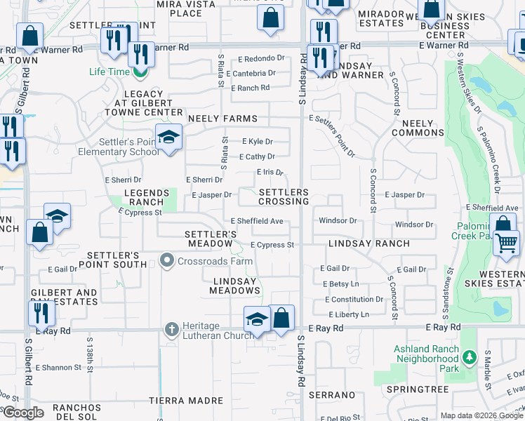map of restaurants, bars, coffee shops, grocery stores, and more near 691 East Eagle Lane in Gilbert