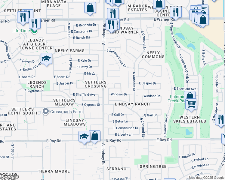 map of restaurants, bars, coffee shops, grocery stores, and more near 897 East Sheffield Avenue in Gilbert