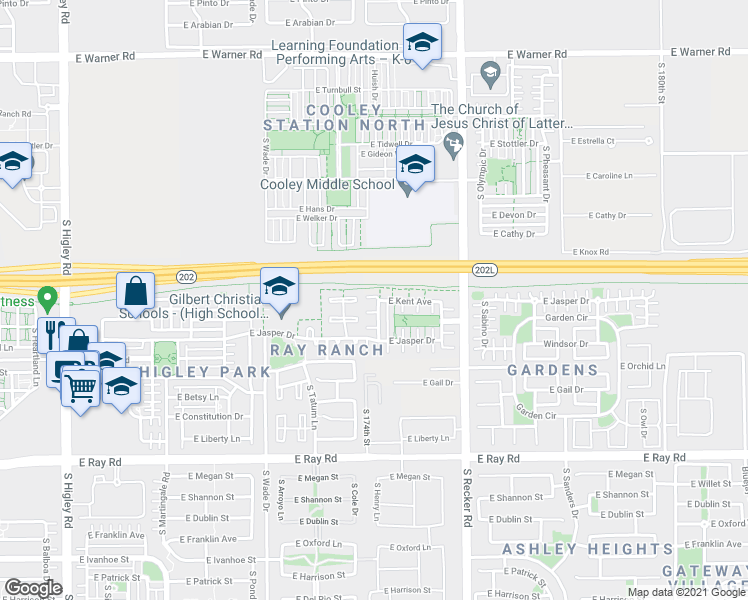 map of restaurants, bars, coffee shops, grocery stores, and more near 1296 South Loback Lane in Gilbert