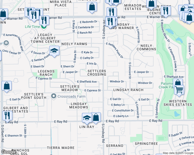 map of restaurants, bars, coffee shops, grocery stores, and more near 761 East Eagle Lane in Gilbert