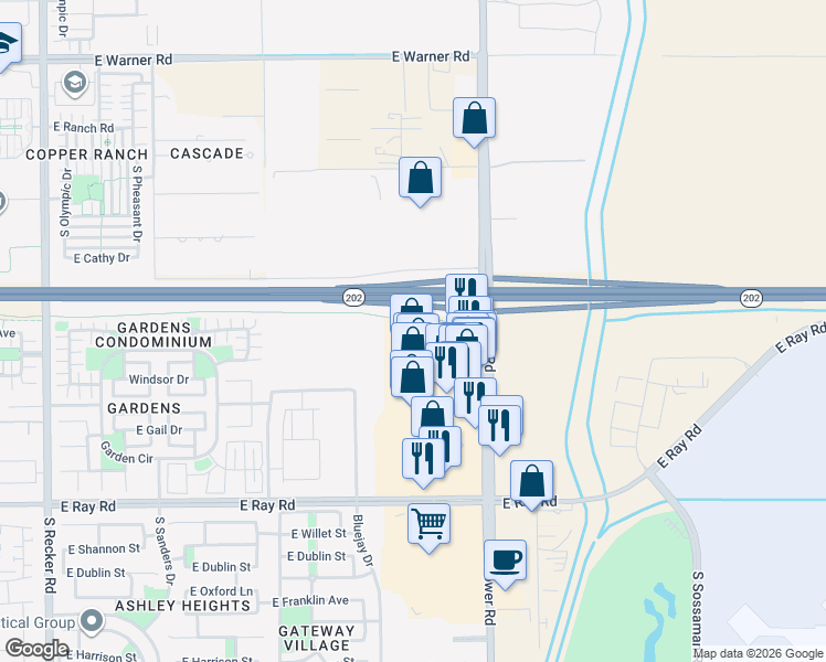 map of restaurants, bars, coffee shops, grocery stores, and more near 4900 South Power Road in Mesa