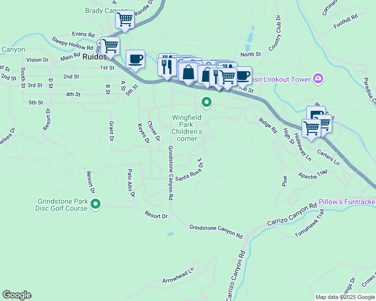 map of restaurants, bars, coffee shops, grocery stores, and more near 101 Reservoir Road in Ruidoso