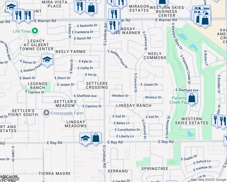 map of restaurants, bars, coffee shops, grocery stores, and more near 863 East Sheffield Avenue in Gilbert