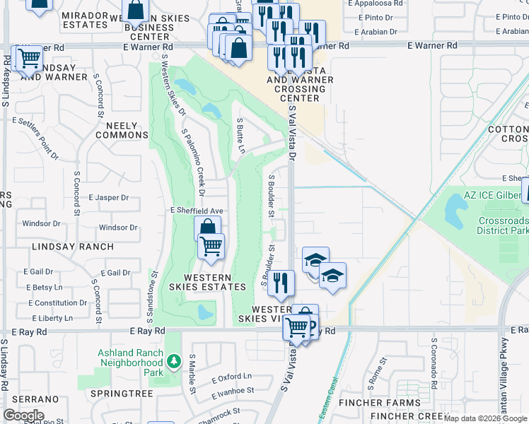 map of restaurants, bars, coffee shops, grocery stores, and more near 1260 South Boulder Street in Gilbert