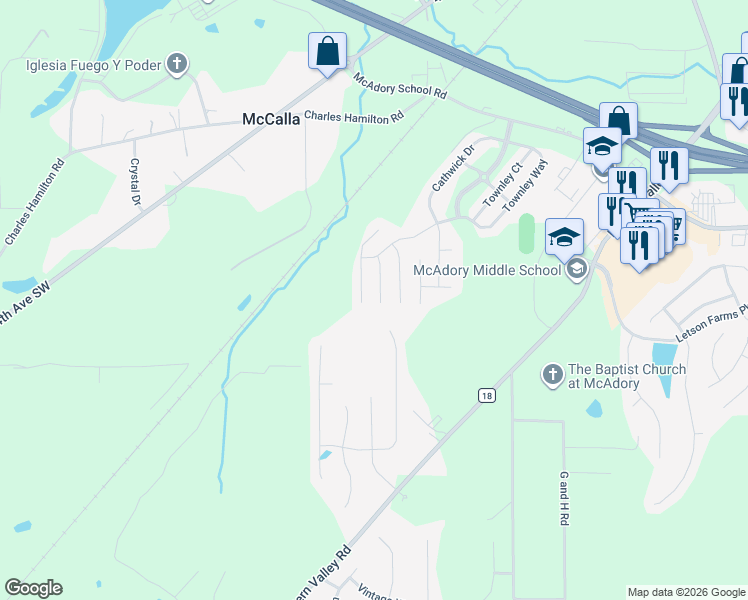 map of restaurants, bars, coffee shops, grocery stores, and more near 5747 Cheshire Cove Circle in McCalla