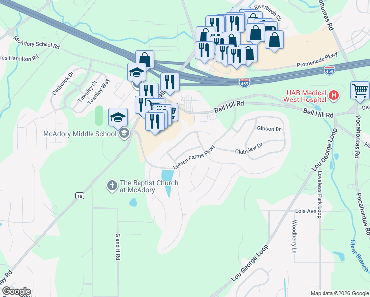 map of restaurants, bars, coffee shops, grocery stores, and more near 4837 Longmeadow Lane in Bessemer