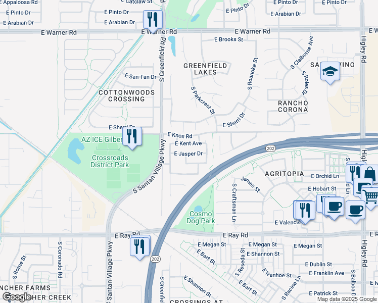 map of restaurants, bars, coffee shops, grocery stores, and more near 2493 East Jasper Drive in Gilbert