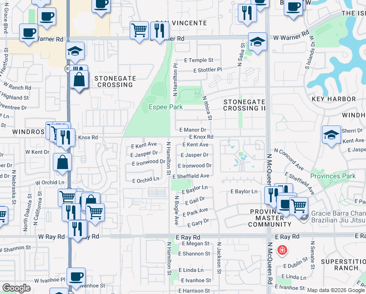 map of restaurants, bars, coffee shops, grocery stores, and more near 681 East Kent Avenue in Chandler