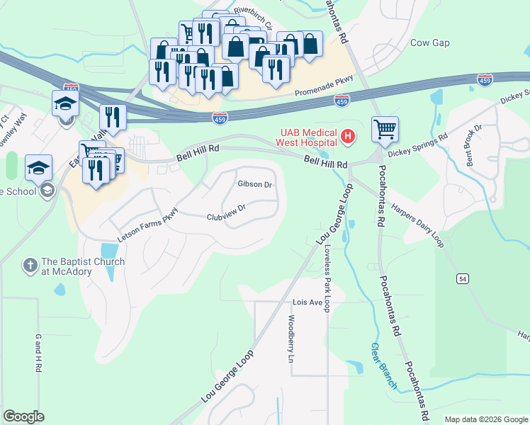 map of restaurants, bars, coffee shops, grocery stores, and more near 6268 South Clubview Circle in Bessemer