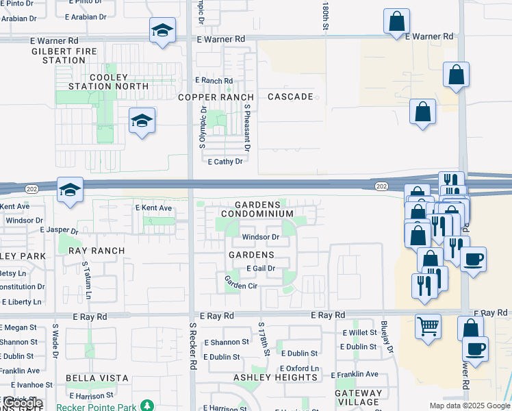 map of restaurants, bars, coffee shops, grocery stores, and more near 4163 East Jasper Drive in Gilbert