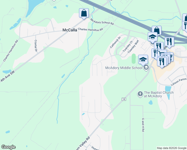 map of restaurants, bars, coffee shops, grocery stores, and more near 5884 Cheshire Cove Trail in McCalla