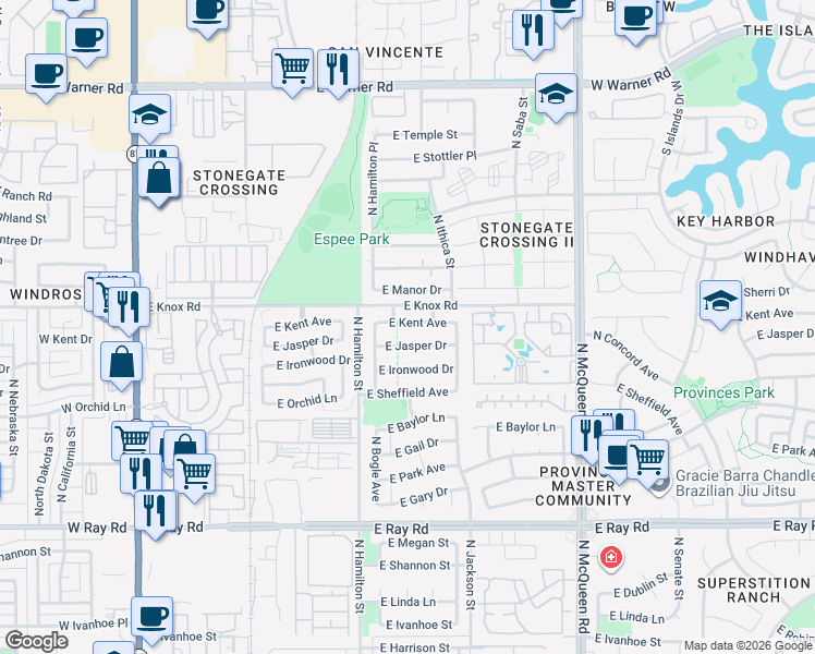map of restaurants, bars, coffee shops, grocery stores, and more near 681 East Kent Avenue in Chandler