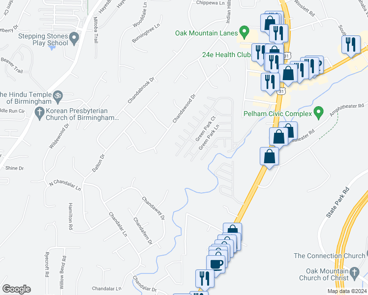 map of restaurants, bars, coffee shops, grocery stores, and more near 174 Green Park South in Pelham