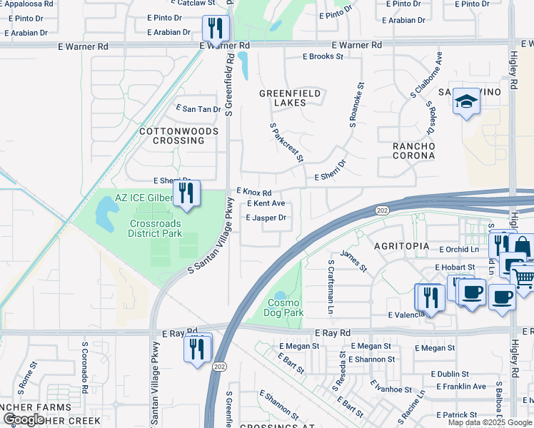 map of restaurants, bars, coffee shops, grocery stores, and more near 2493 East Jasper Drive in Gilbert